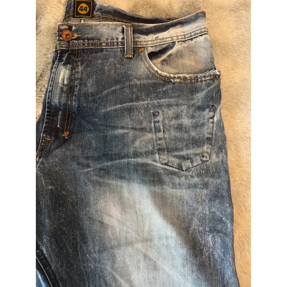 AKOO Mens Distressed Blue Wash Straight Leg Jeans Size 44 American Flag-0590